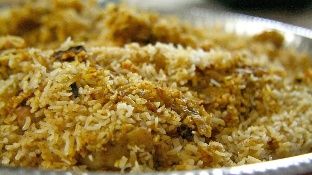 A plate of Thalassery biryani, rice with golden masala