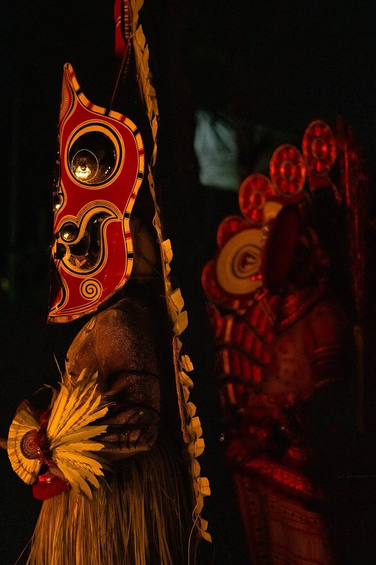 Close view of the Gulikan Theyyam face and headdress